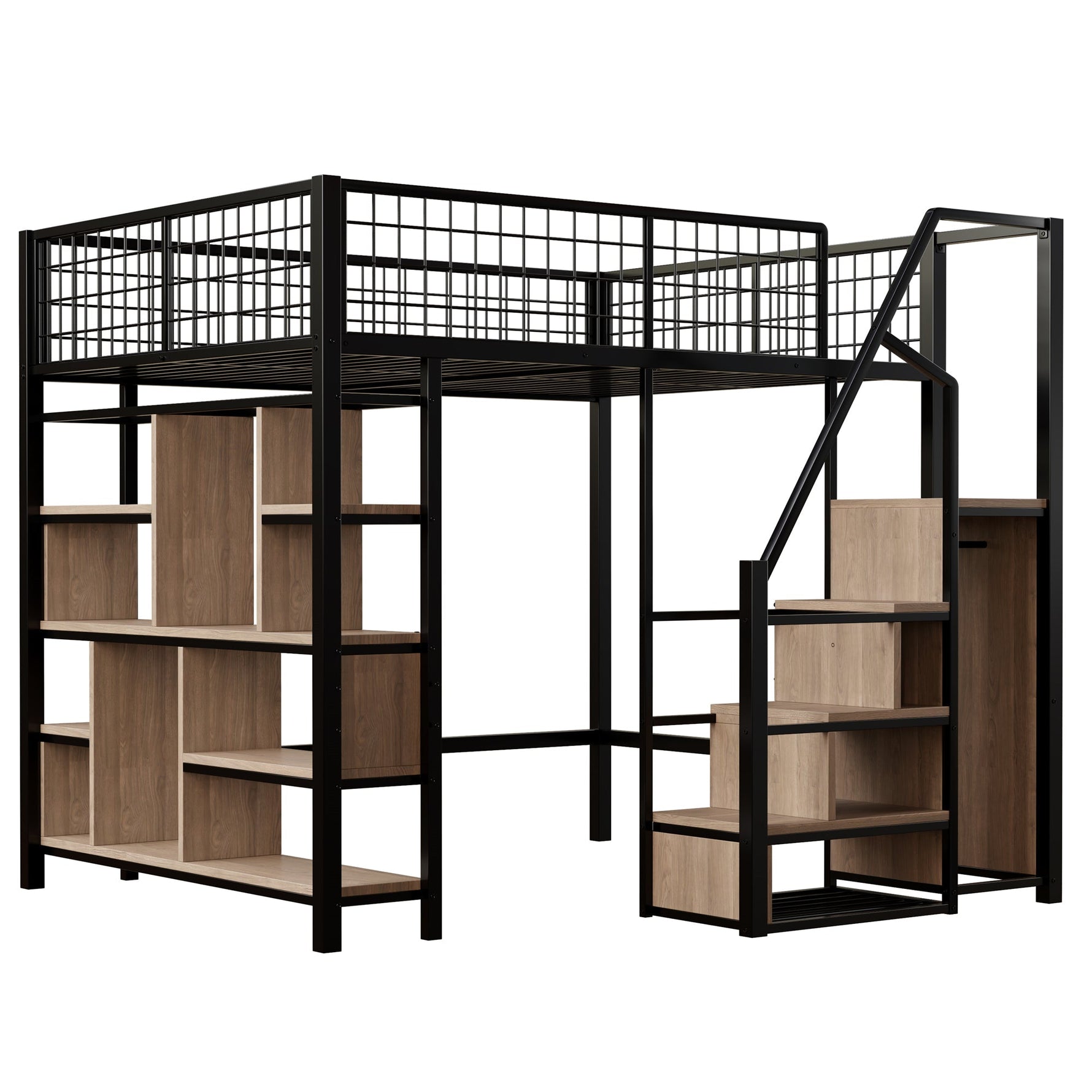 Loft Bed, Multifunctional with Storage & Stairs, 140x200 cm, Metal Black
