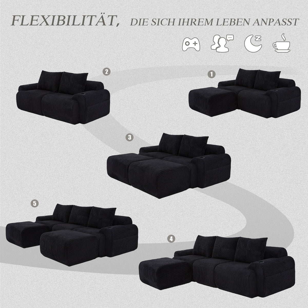 Modular Sofa - 3-Seater with 2 Ottomans, Modular, Cup Holders, Storage - Black Corduroy