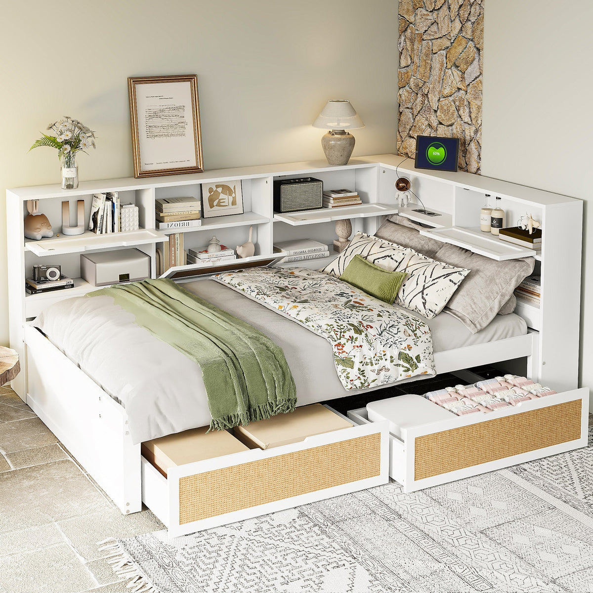 Solid Wood Sofa Bed 140x200 Multifunctional Single/Children's Storage Charging Port, White