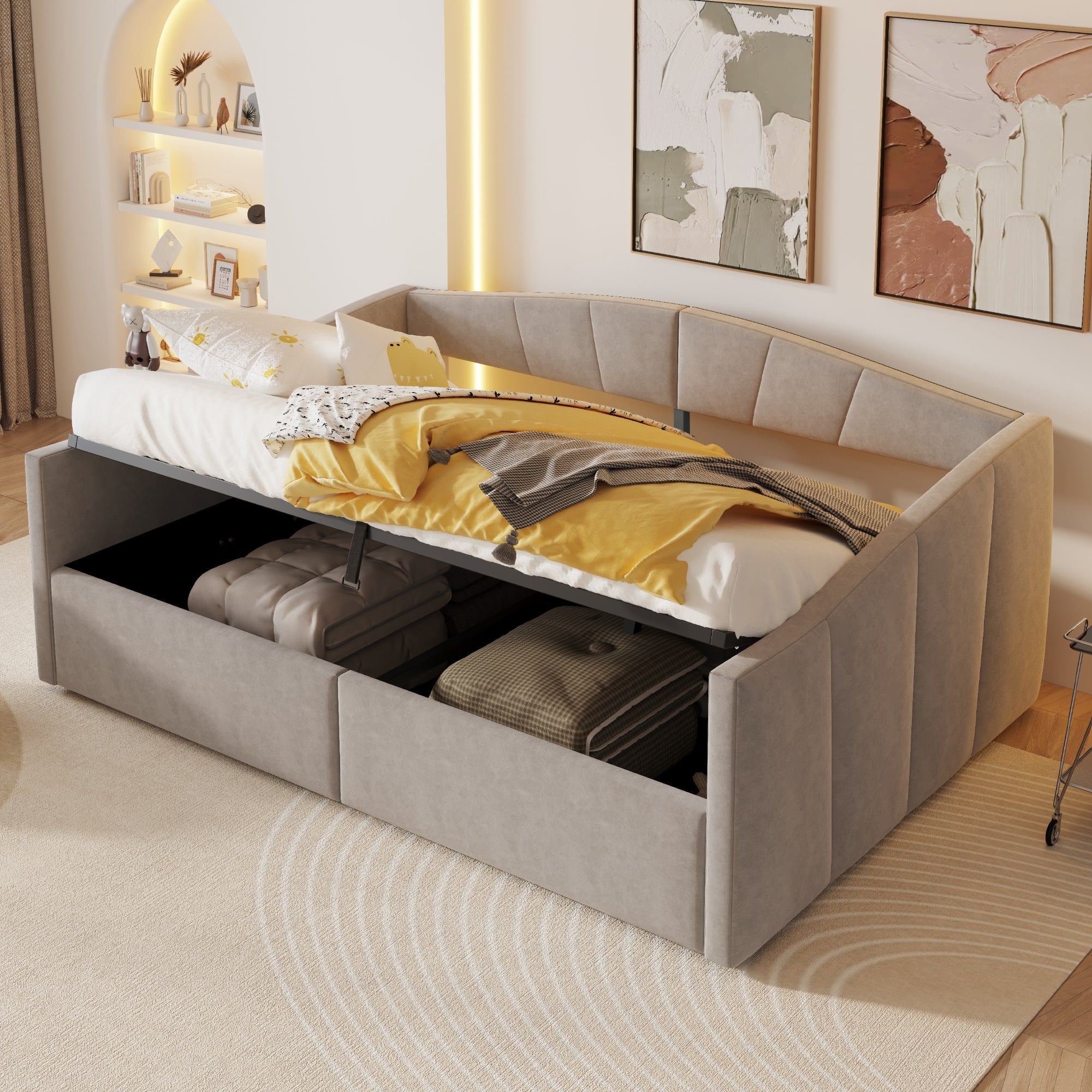 Upholstered Sofa Bed, 140x200cm Hydraulic Storage Slatted Frame Armrests, Light Grey Velvet