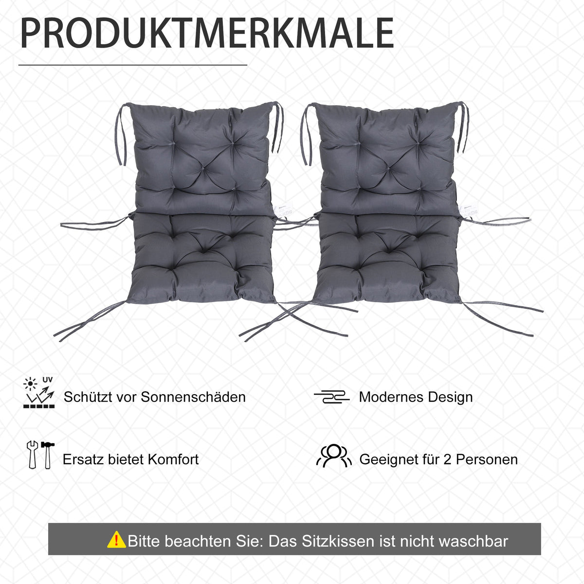 Set of 2 cushions for low-back chair, seat, and garden, grey