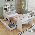 Children's Single Bed 90x200 with Storage Shelf in White Wood
