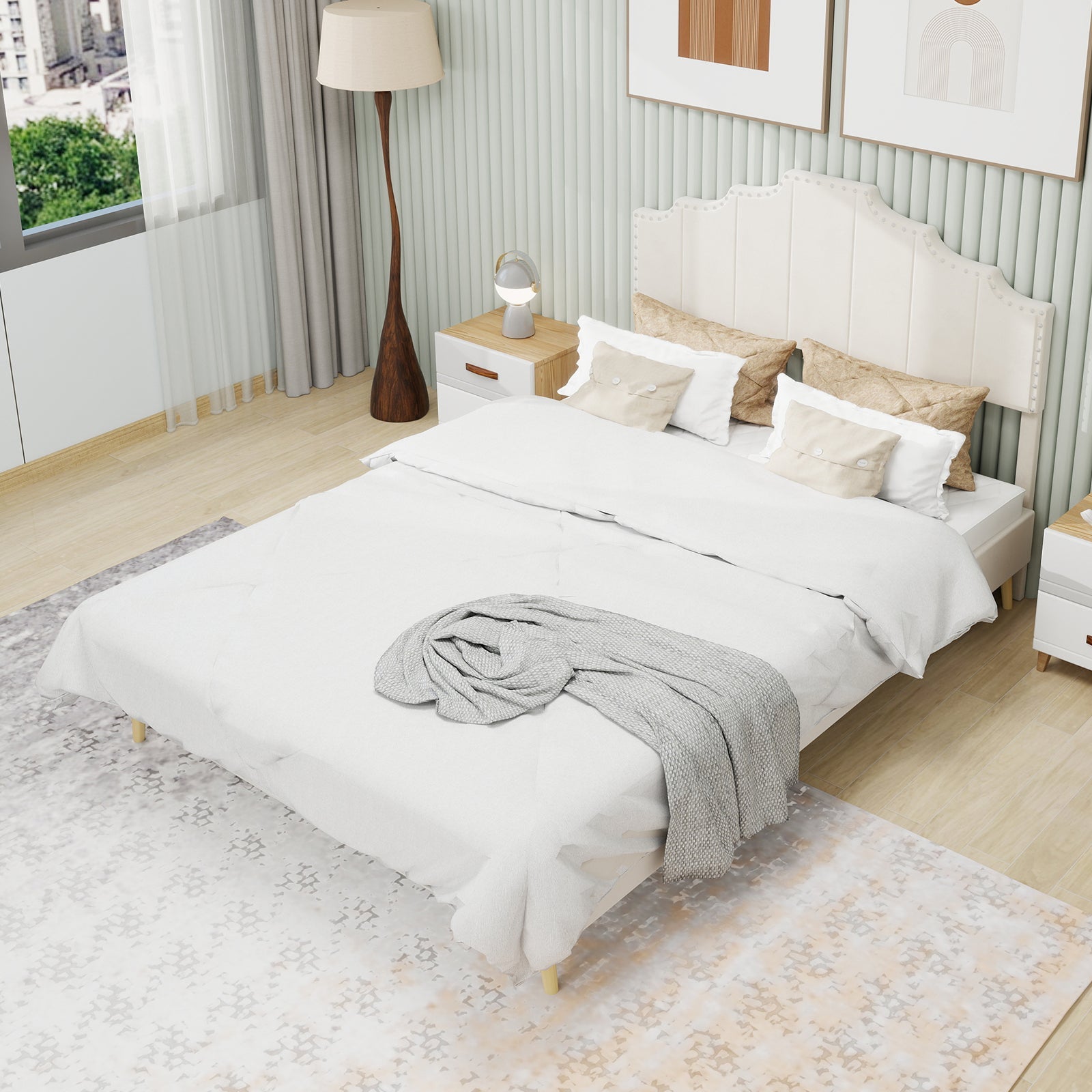 Modern Soft Bed 160x200cm Comfortable Headboard - Beige