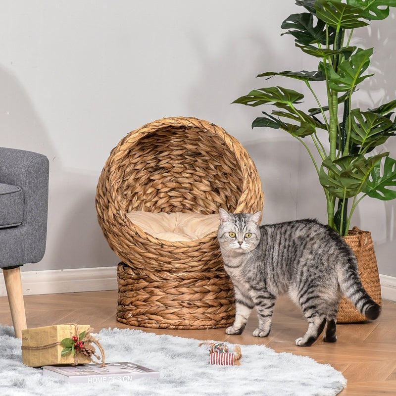 Cat Basket, Cave Hut Bed with Cushion, Water Hyacinth Brown