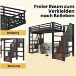 Loft Bed with Storage Steps and LED Light Strip, Black Iron Frame