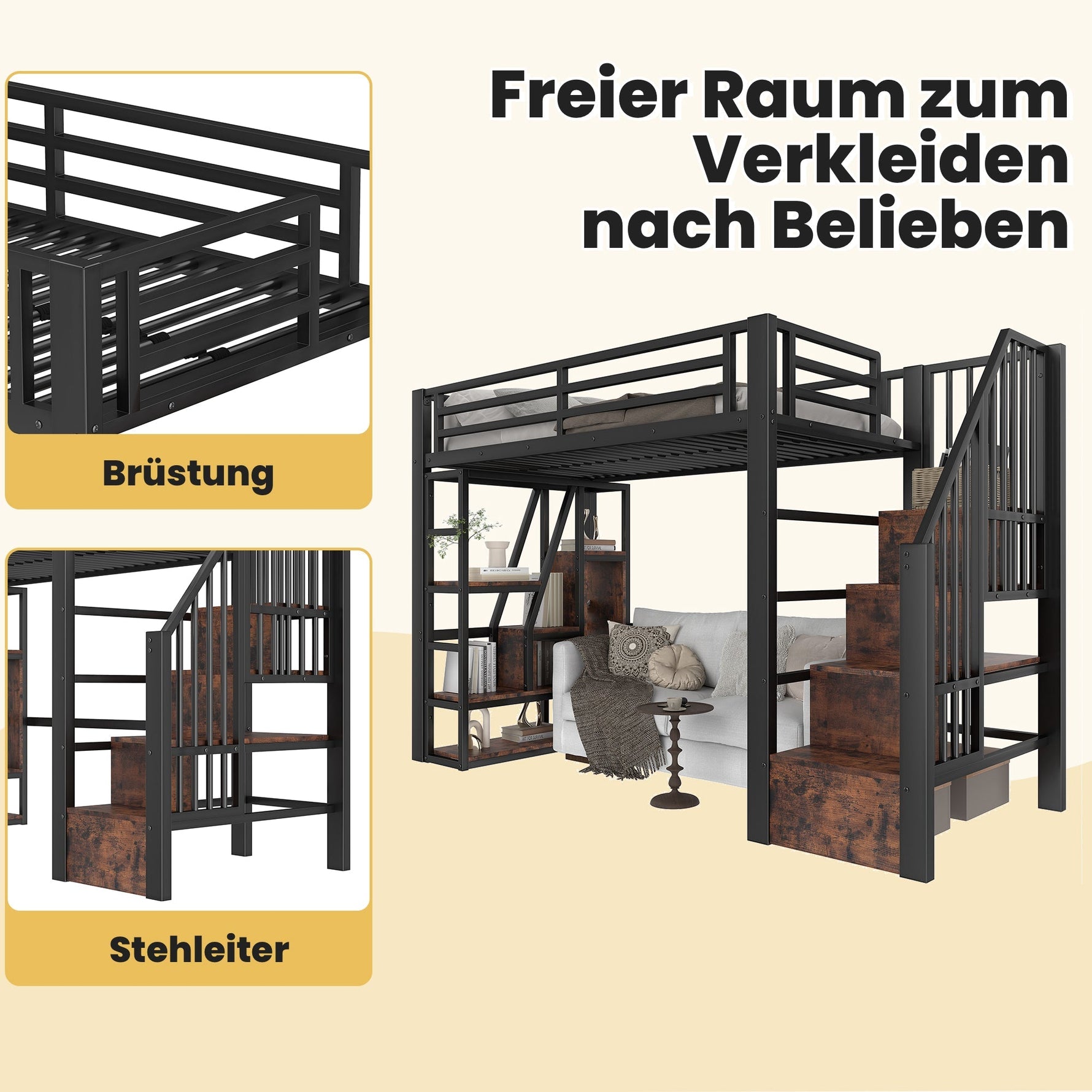 Loft Bed with Storage Steps and LED Light Strip, Black Iron Frame