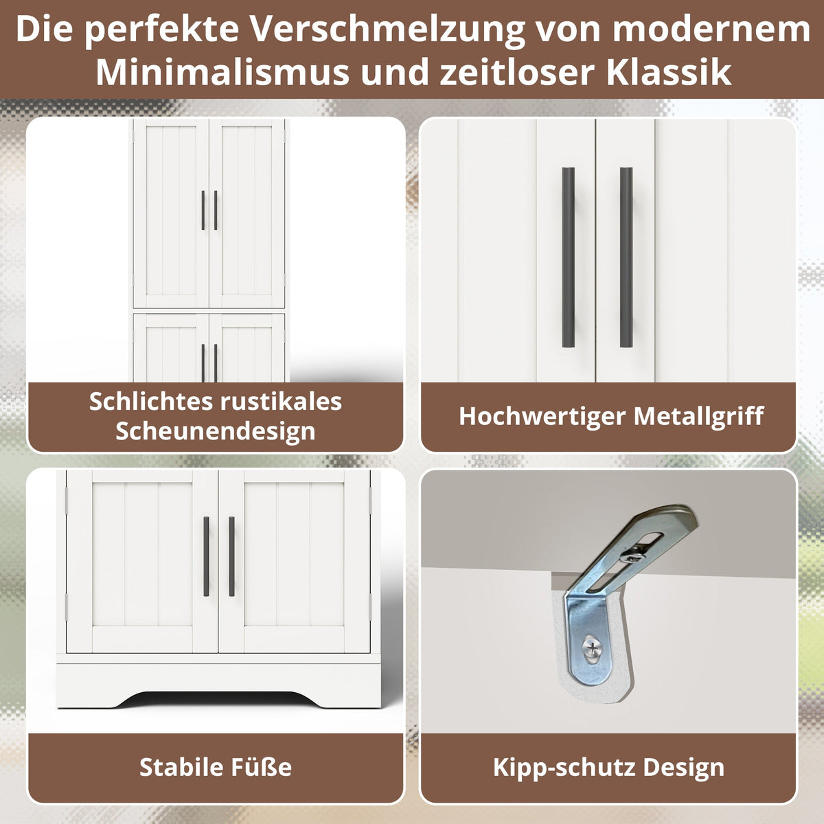 Kitchen Cabinet, LED Sensor Light, 4-Door Storage, Adjustable Shelves, White