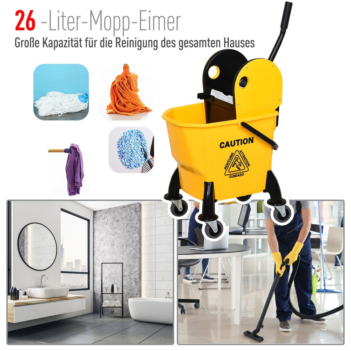 Cleaning Trolley with Bucket & Wringer, 26 Liters, Yellow