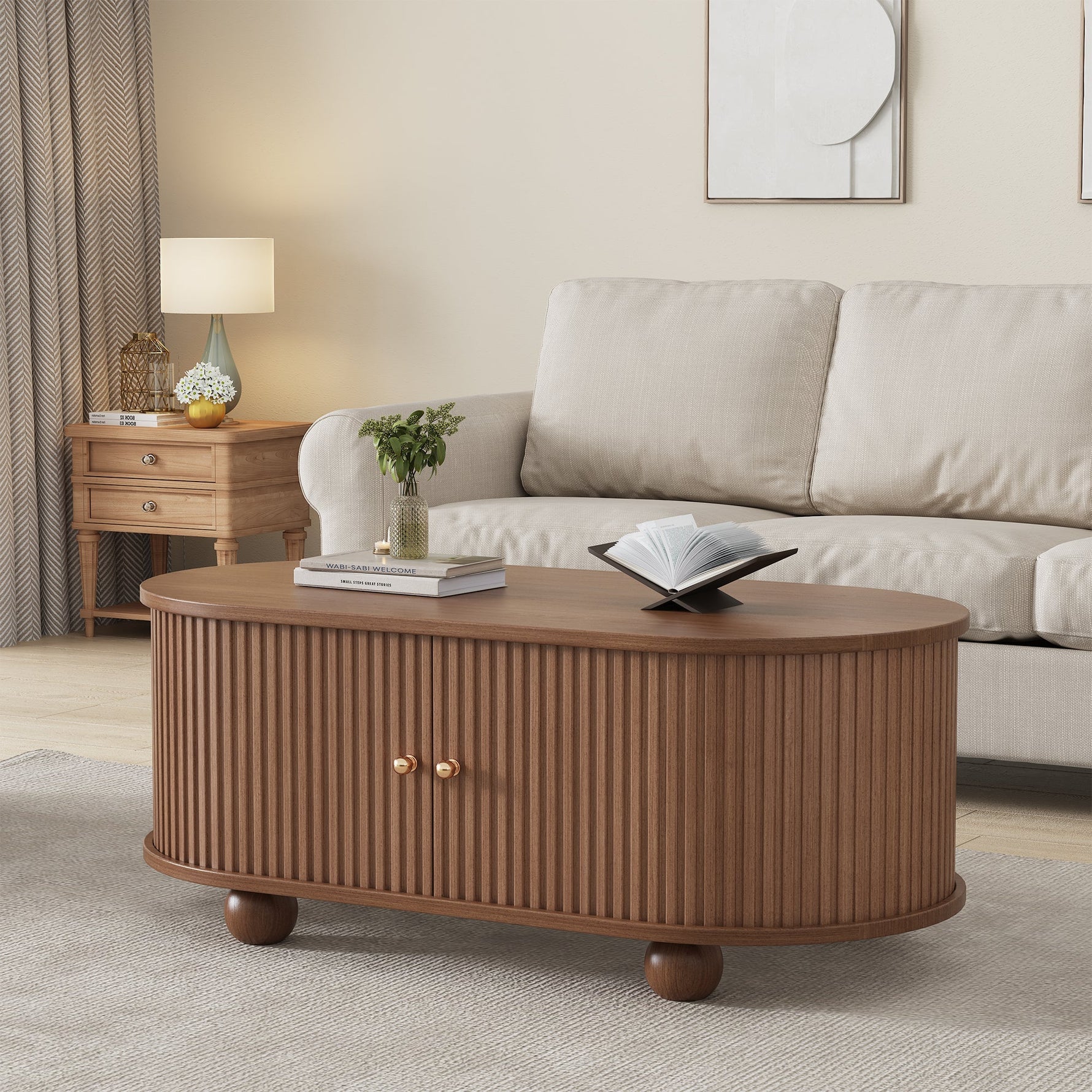 Coffee Table, 100 x 50 x 40 cm, Storage with Sliding Doors, Walnut
