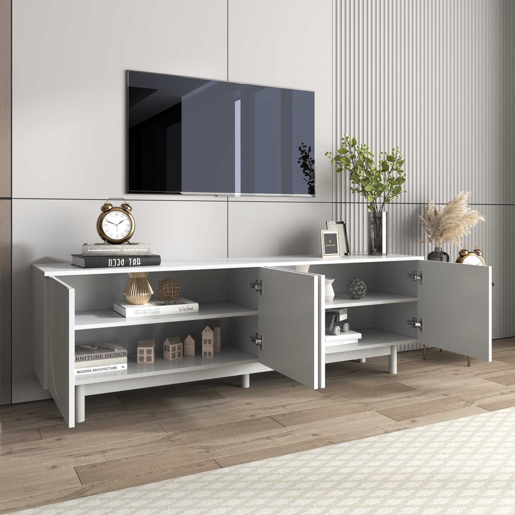 TV Cabinet, 175x38x56 cm Adjustable Shelves Lowboard, White