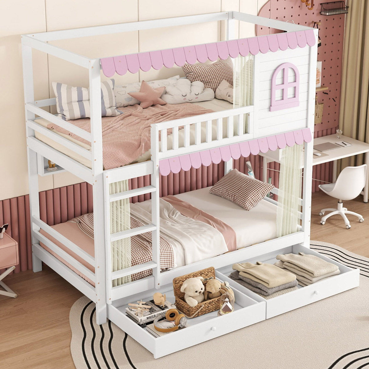 Bunk Bed, Children's with Windows, Curtains, Safety Gate & Storage, Pine + MDF, White + Pink