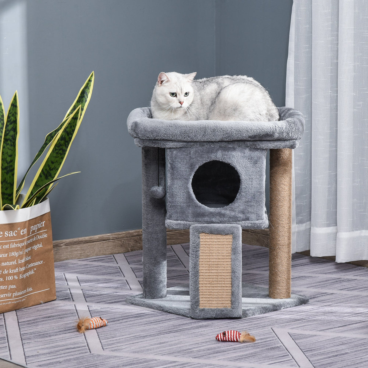 Cat Tree Multi-Level with Cave, Lounge Platform, Play Ball, Light Grey