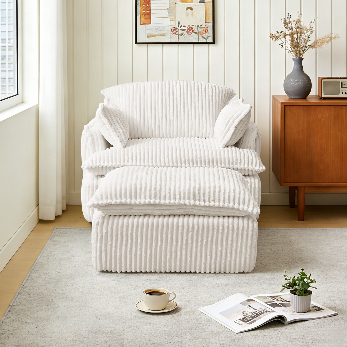 Cloud Sofa Armchair with Footstool, Compact Convertible Armchair for Small Spaces, Soft Corduroy Fabric