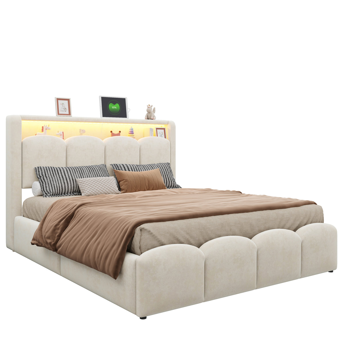 Upholstered Bed 140x200 with Hydraulic Storage & LED, Beige Velvet