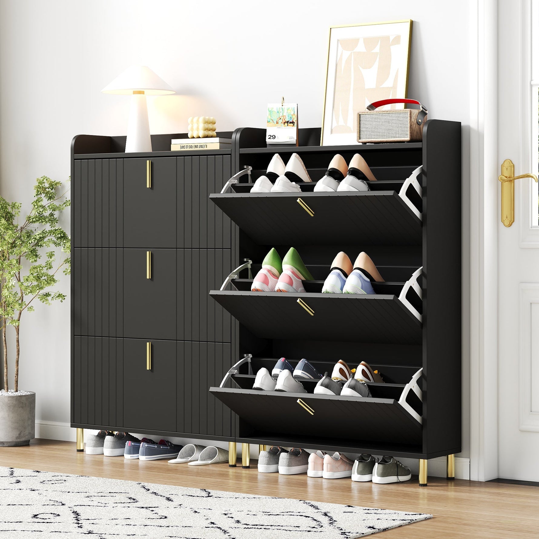 Set of 2 Shoe Cabinets with 6 Adjustable Compartments and Anti-Tip Device, Black