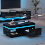 TV Wall Unit Set, Cabinet Coffee Table High-Gloss LED Lights, Black