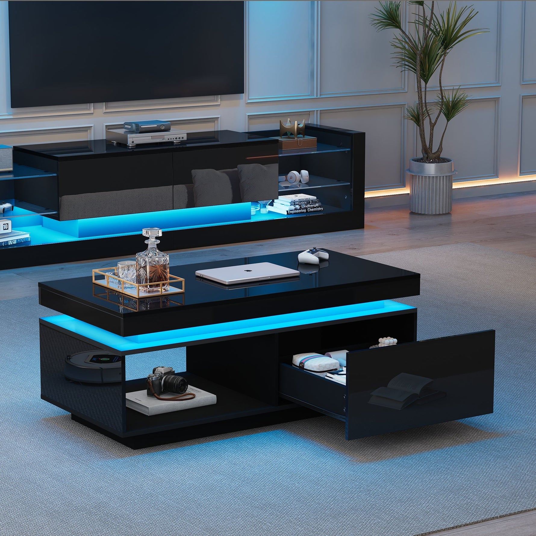 TV Wall Unit Set, Cabinet Coffee Table High-Gloss LED Lights, Black