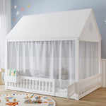 Children's Single Bed with Roof, Window, Curtains and Storage, 140x200cm, White Pine + MDF