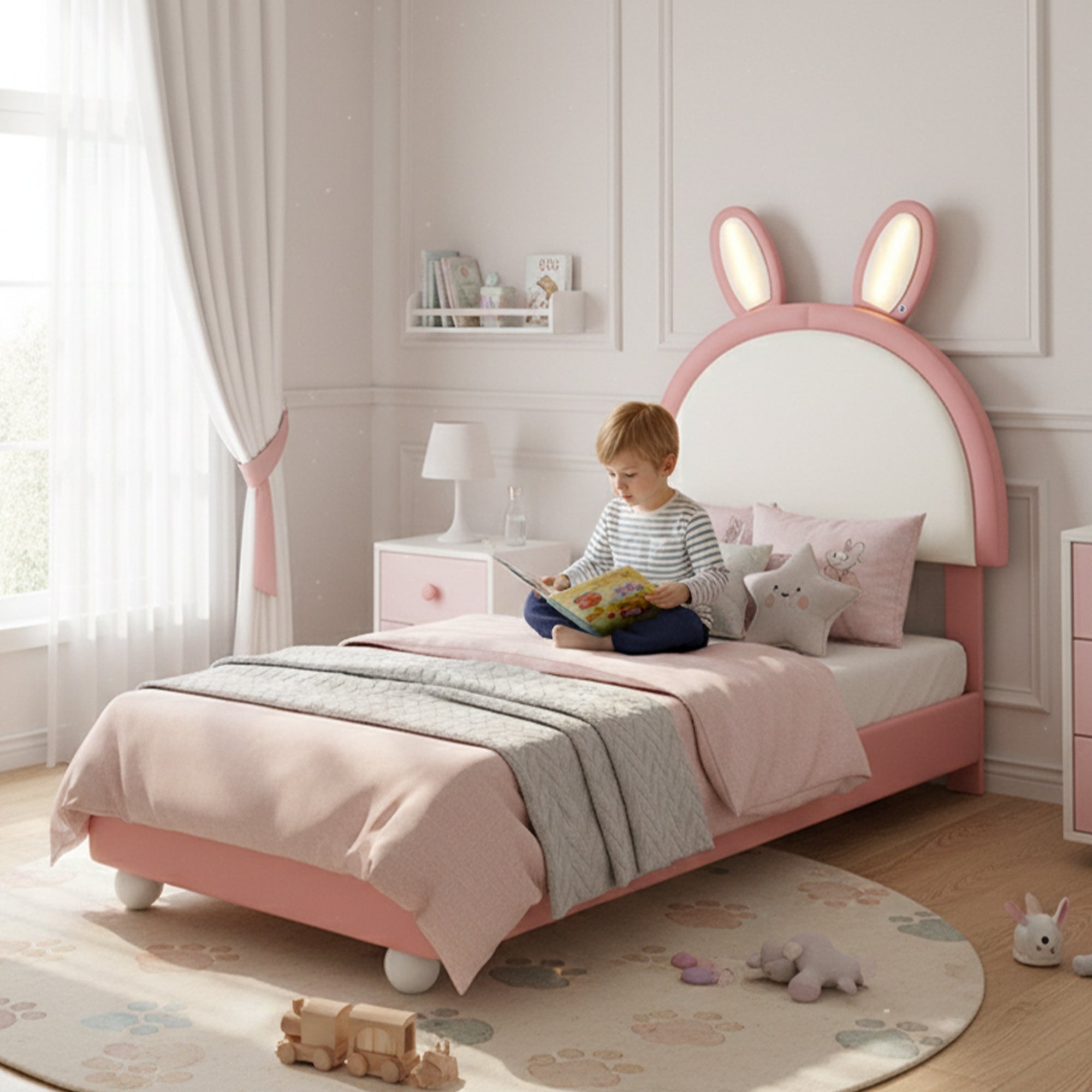 Upholstered Single Bed with Rabbit-Shaped Headboard and LED Light Strip, 90x200cm, Pink and White PU + Plywood