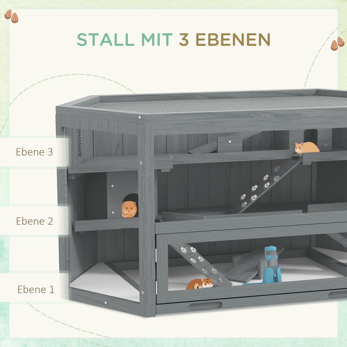 Rodent Cage, 3-Tier Hexagonal with Ramp, Wood Gray