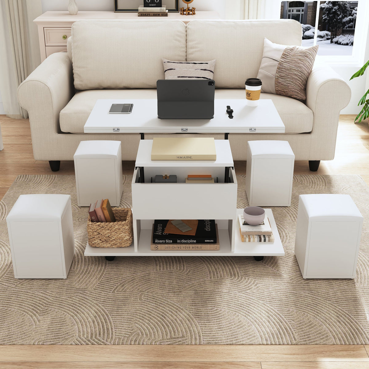 Liftable Coffee Table, Multifunctional with 2 Opening Tabletops, White