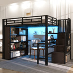 Loft Bed 140x200cm Iron Frame with Desk LED Light Strip Storage Stairs Black