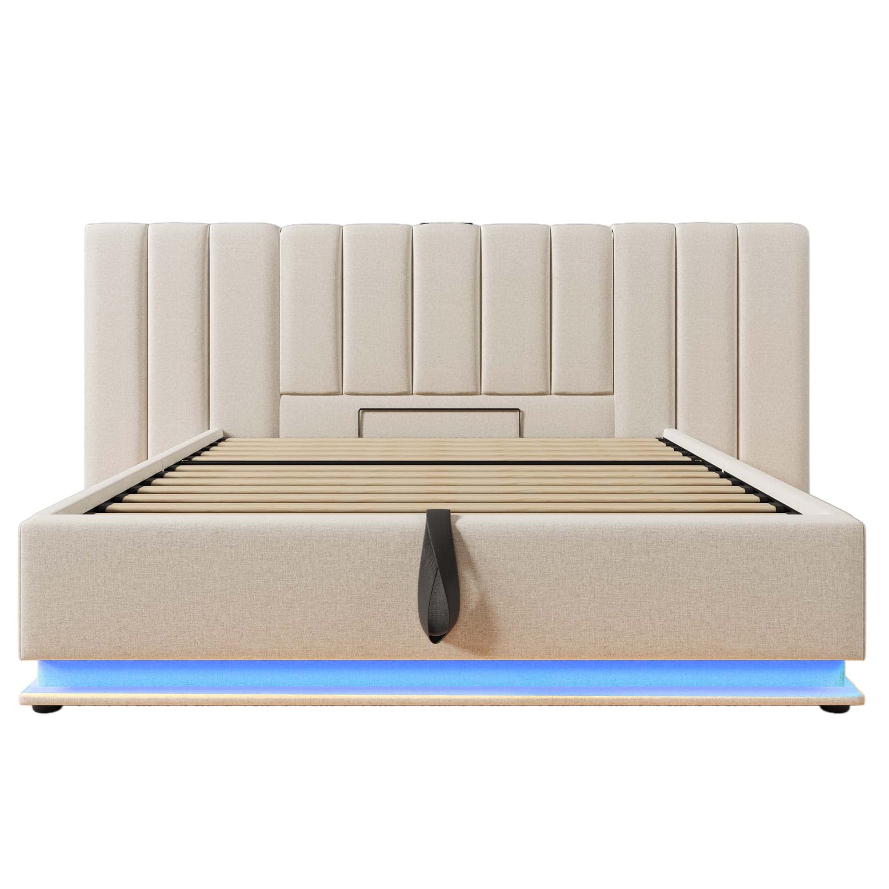 Upholstered Bed 160x200 Storage LED USB-C Slatted Base, Linen Beige