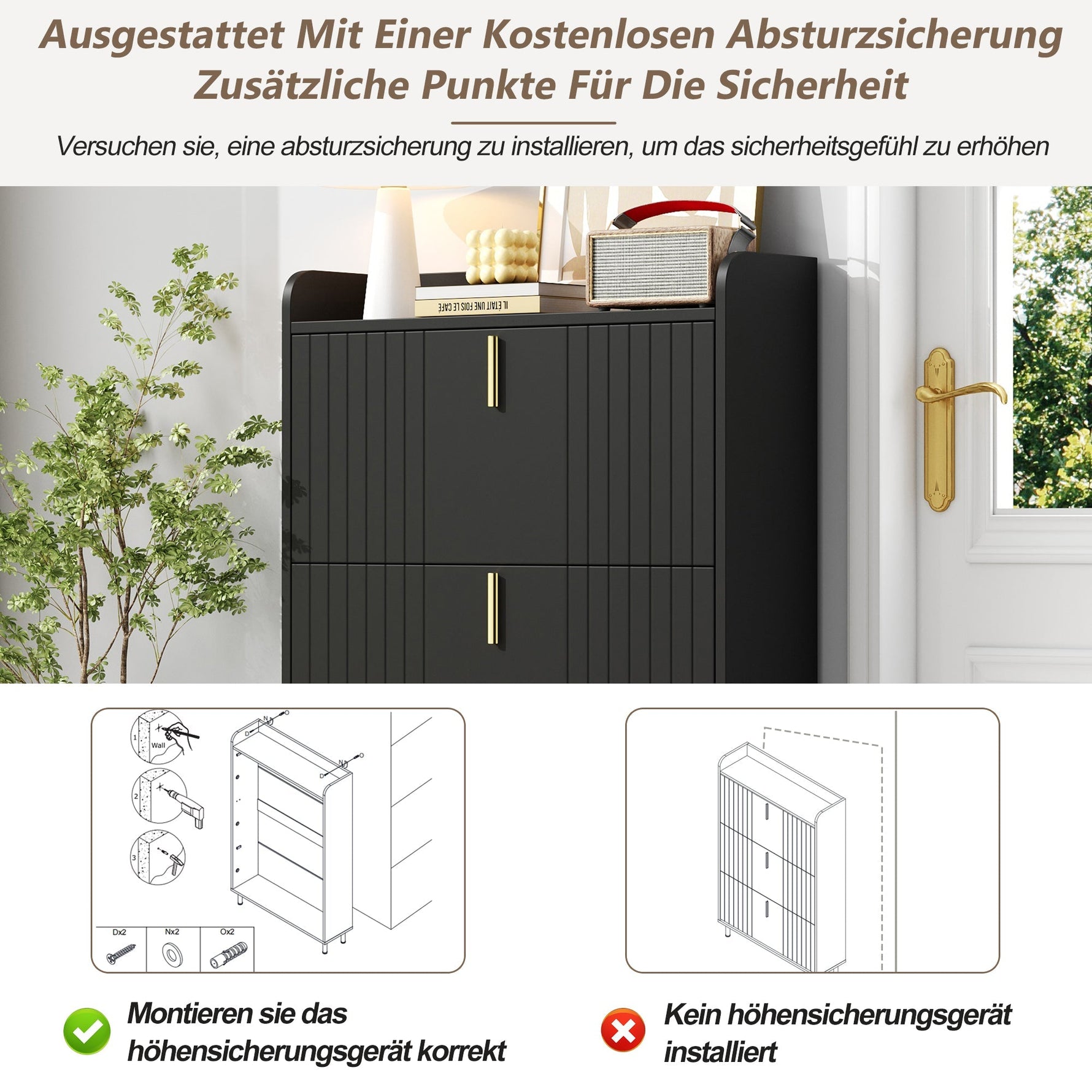 Shoe Cabinet 3 Doors 6 Adjustable Compartments Narrow Anti-tip Black