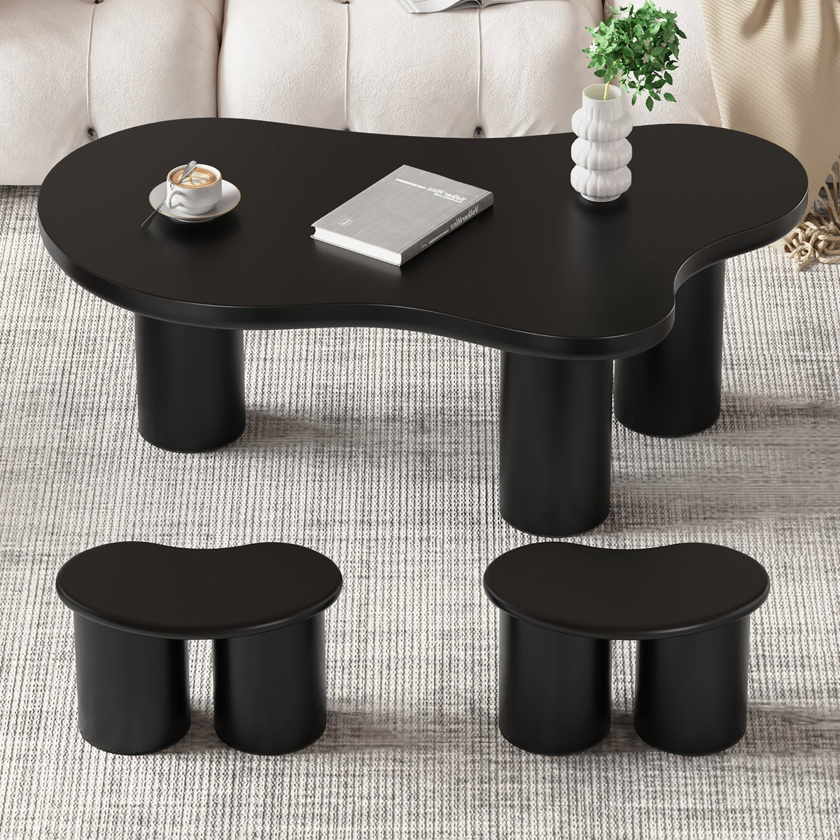 Irregular Bench Coffee Table, 2 Small Stools 16x42x24.5cm, Black