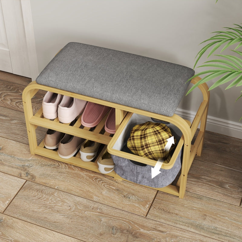 2-Tier Shoe Bench, Extendable Basket, 2 Shoe Shelves, Bamboo Grey