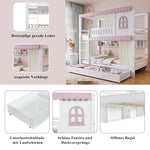 Bunk Bed, Children's with Windows, Curtains, Safety Gate & Storage, Pine + MDF, White + Pink