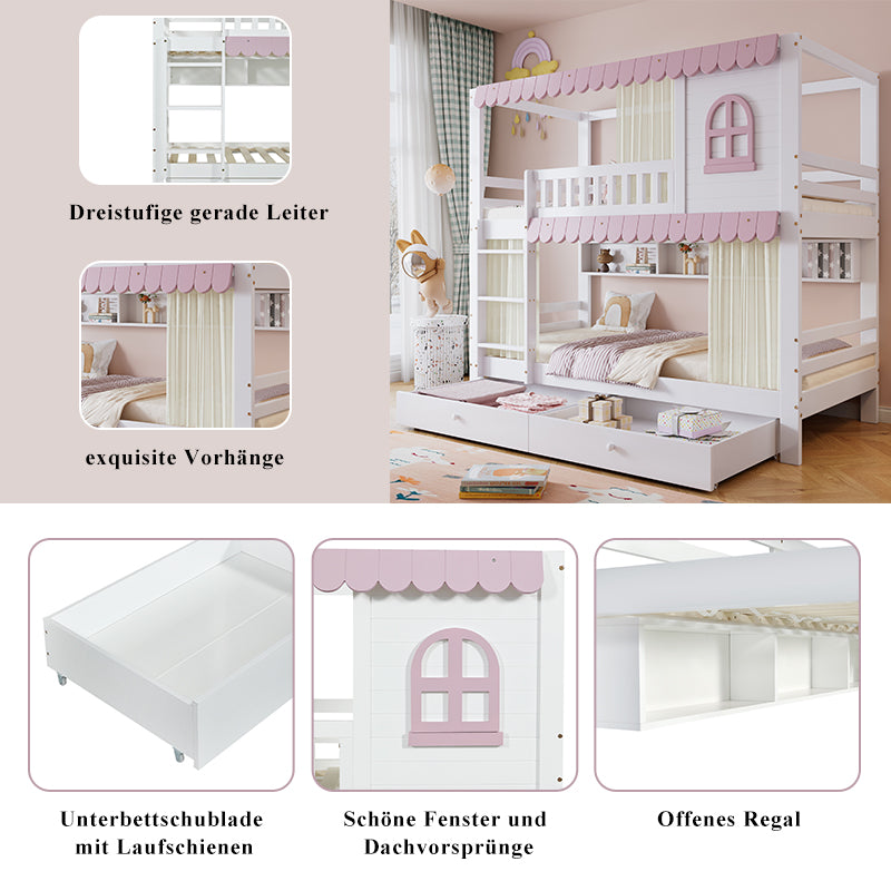 Bunk Bed, Children's with Windows, Curtains, Safety Gate & Storage, Pine + MDF, White + Pink