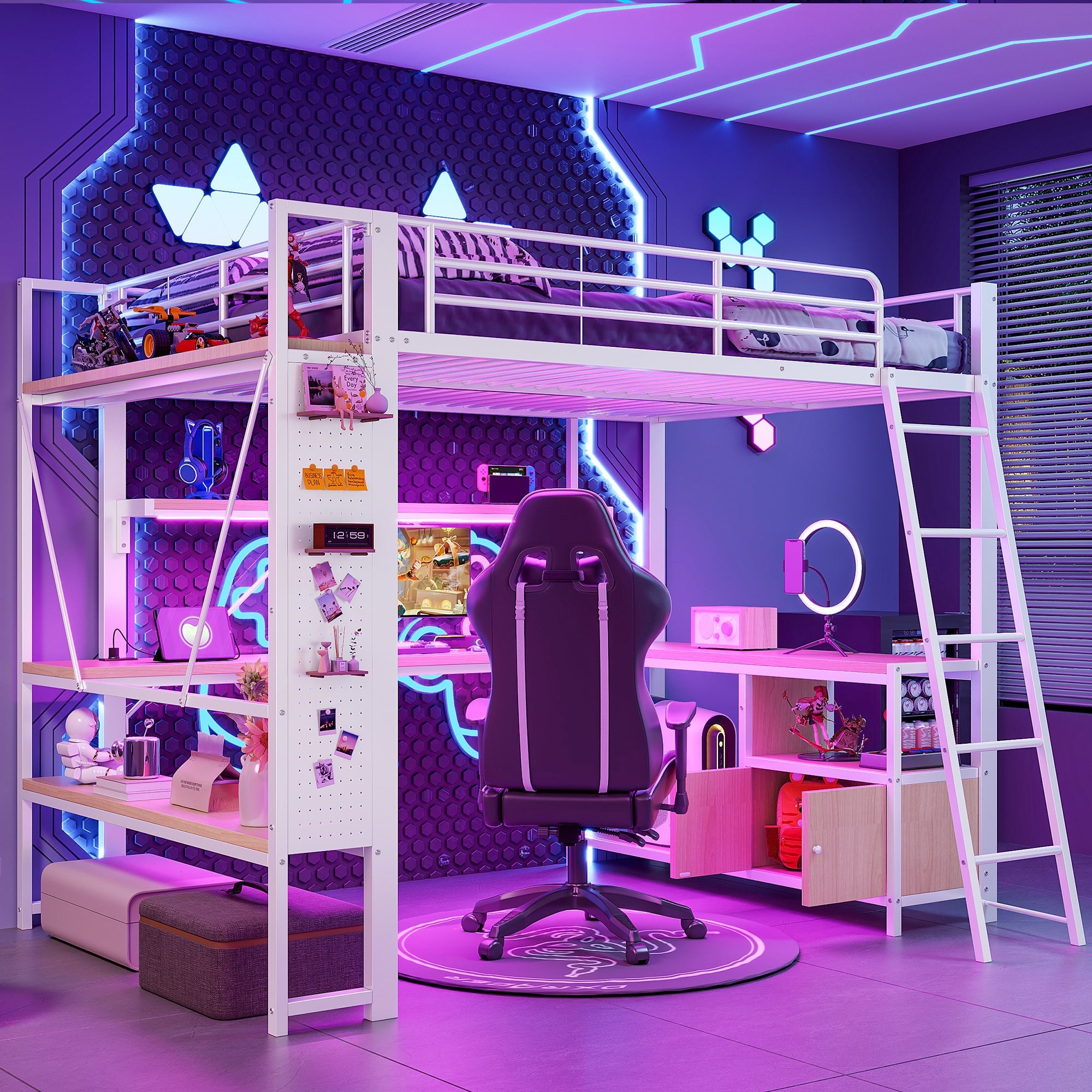 Loft Bed with Desk, LED Lights, Storage and USB Port, 140 x 200 cm, White Iron Frame