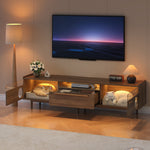 Modern TV Cabinet LED Lighting Cat Rest Area Glass Doors 1 Drawer, Walnut Color