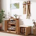 Hallway Wardrobe Set, Shoe Bench and Cabinet with Mirror, 4 Hooks, 5 Doors, Natural
