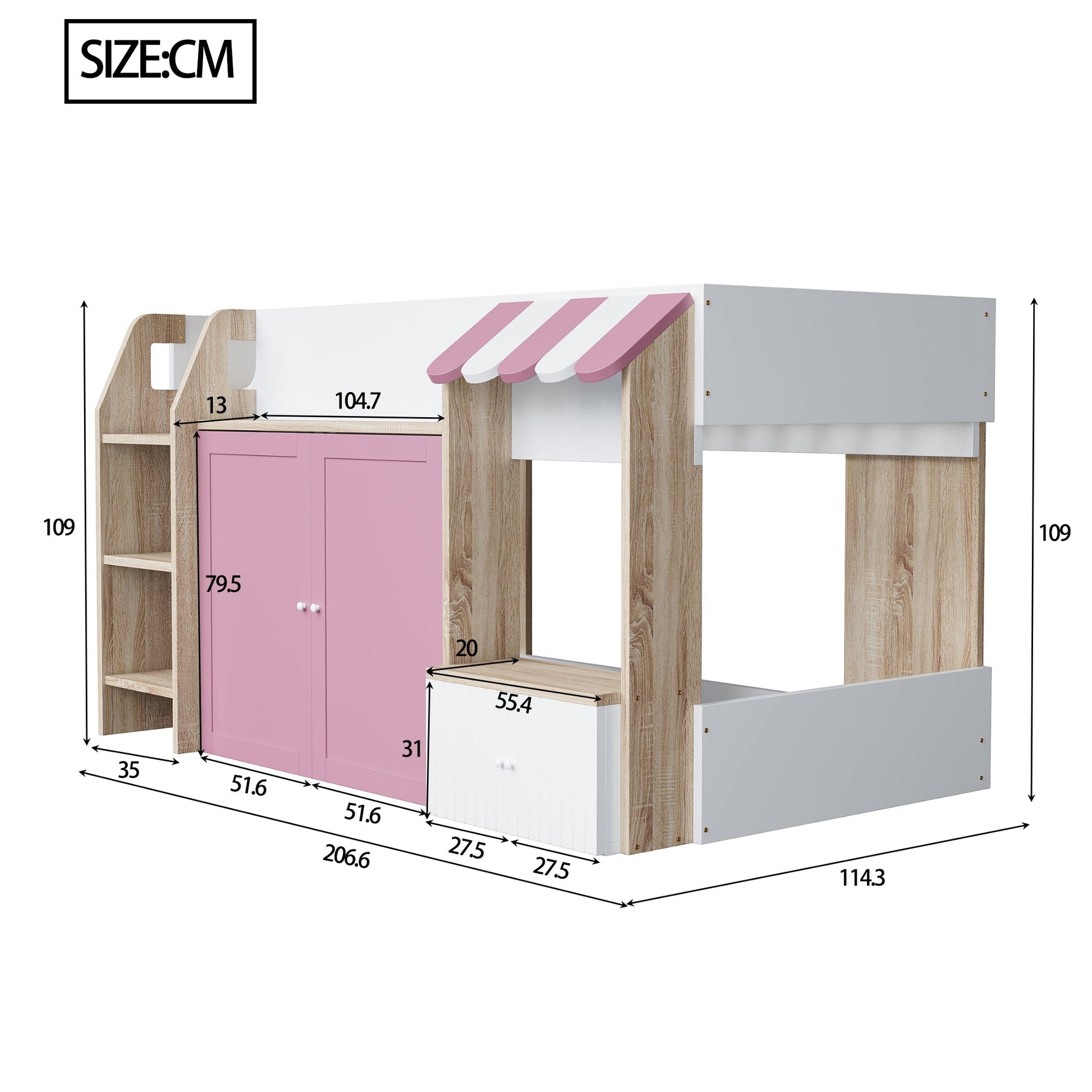 Children's House Bed Mid-Height 90x200 Storage Climbing Ladder - White/Pink Wood