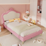Upholstered Bed, Children's Single Bed with Crown Headboard & Metal Feet, PU Pink+White