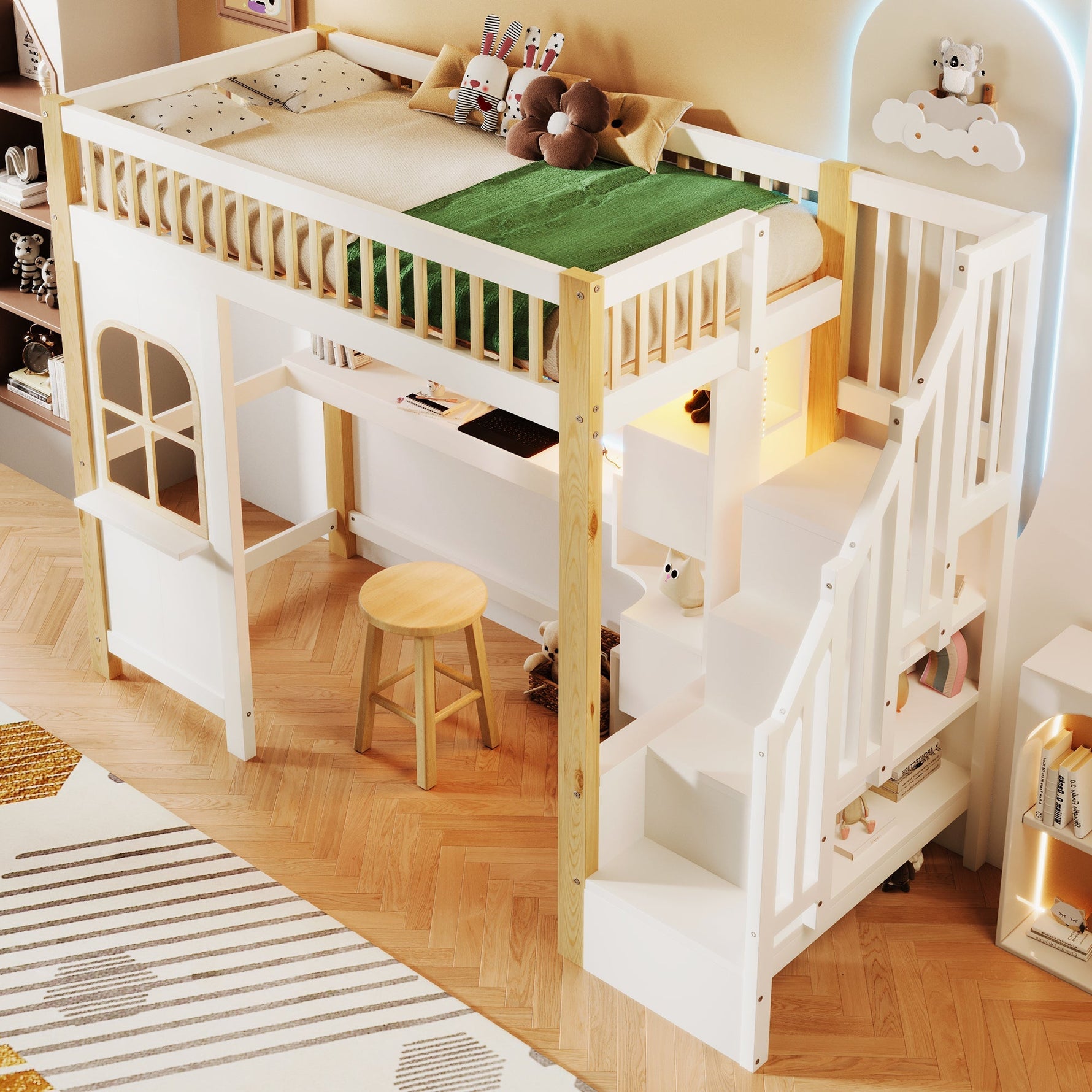 Loft Bed 90x200cm LED Window Design Desk Storage Ladder Power Outlet - White/Natural