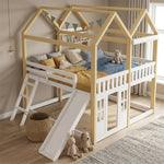 Children's House Loft Bed 90x200cm with Slide, White & Natural Wood