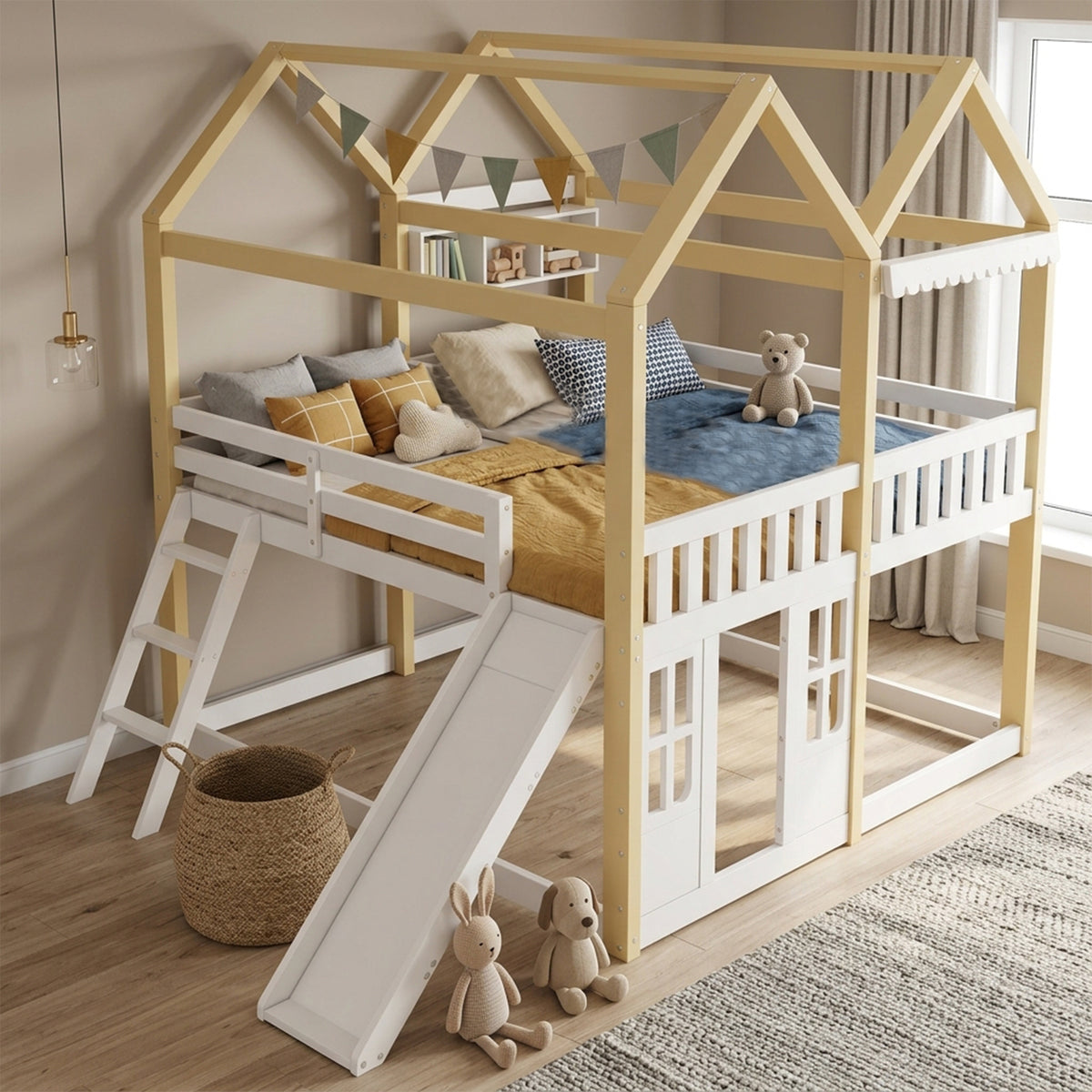 Children's House Loft Bed 90x200cm with Slide, White & Natural Wood
