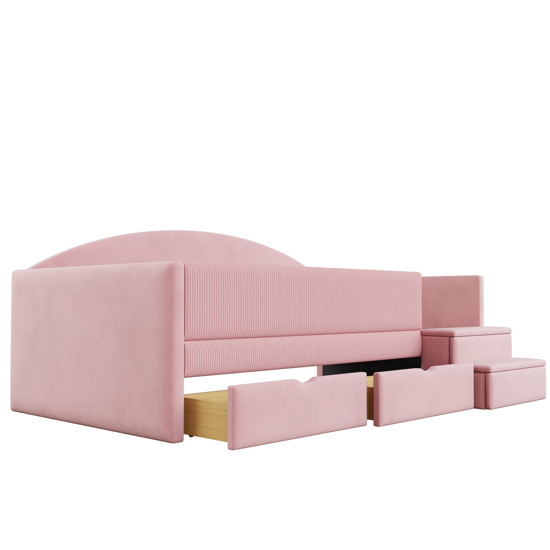 Upholstered Sofa Bed with Two Drawers, Railings and Steps, 90x190cm, Pink Velvet