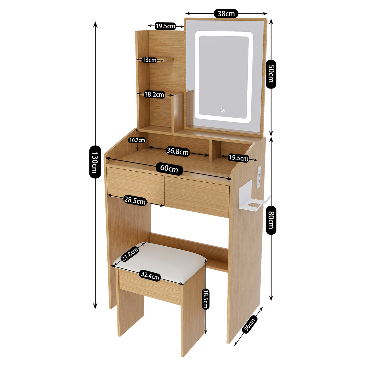 Dressing Table Set with LED Mirror & Power Outlet, Wood
