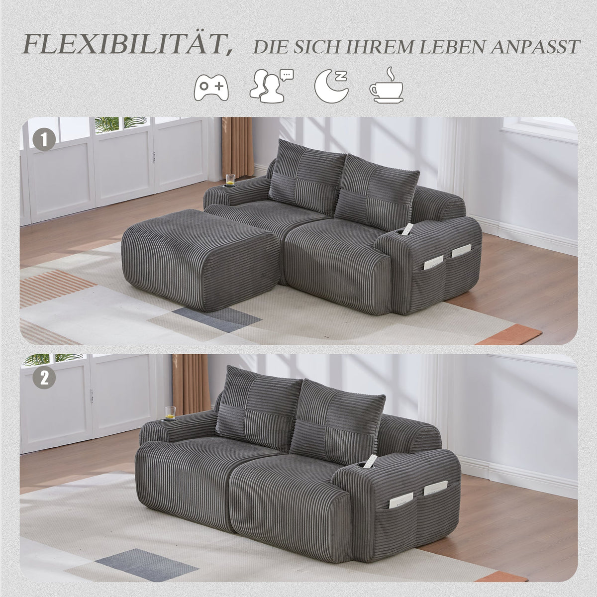 Modular 2-Seater Sofa with Ottomans, Cup Holder and Side Pocket, Dark Grey Corduroy