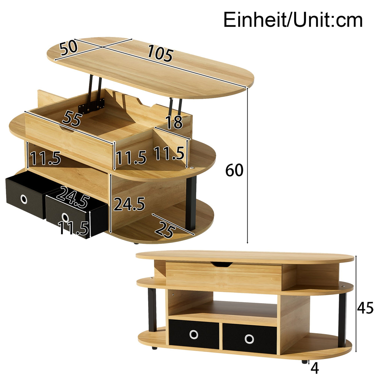 Modern Wood Grain Coffee Table with Lifting Function, Storage, and Black Fabric Drawers