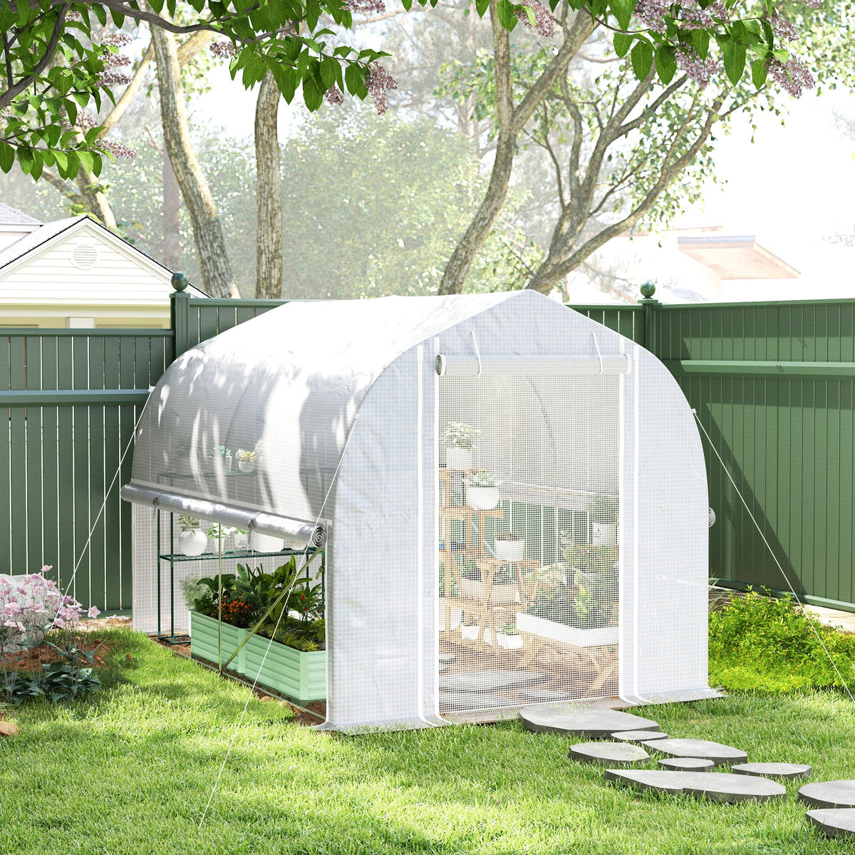 Greenhouse Polytunnel, 3x2x2m, 4 Windows & Door, White