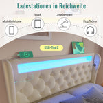 Upholstered Double Bed 140x200cm, LED Lights, Storage Headboard with USB & Type-C, Hydraulic Storage, Beige Velvet