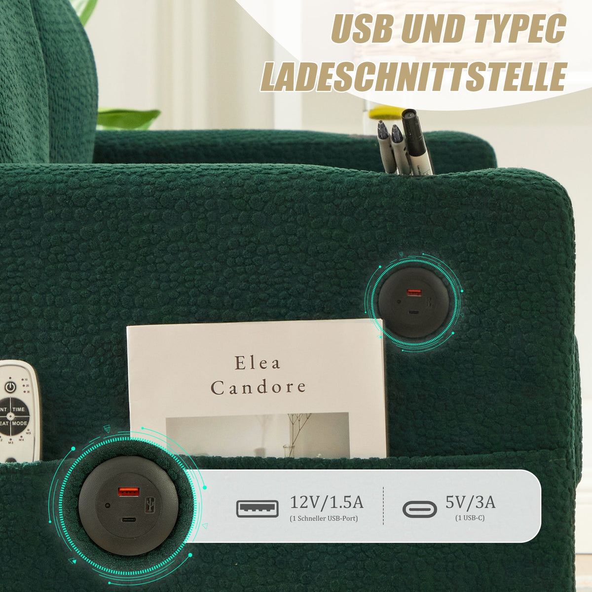 2-Seater Sofa Modern USB-C LED Cup Holders Side Pockets - Emerald Chenille