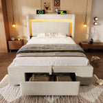 Upholstered Bed 90x200 cm with Hydraulic Storage, LED Lighting and USB Charging, Beige Linen