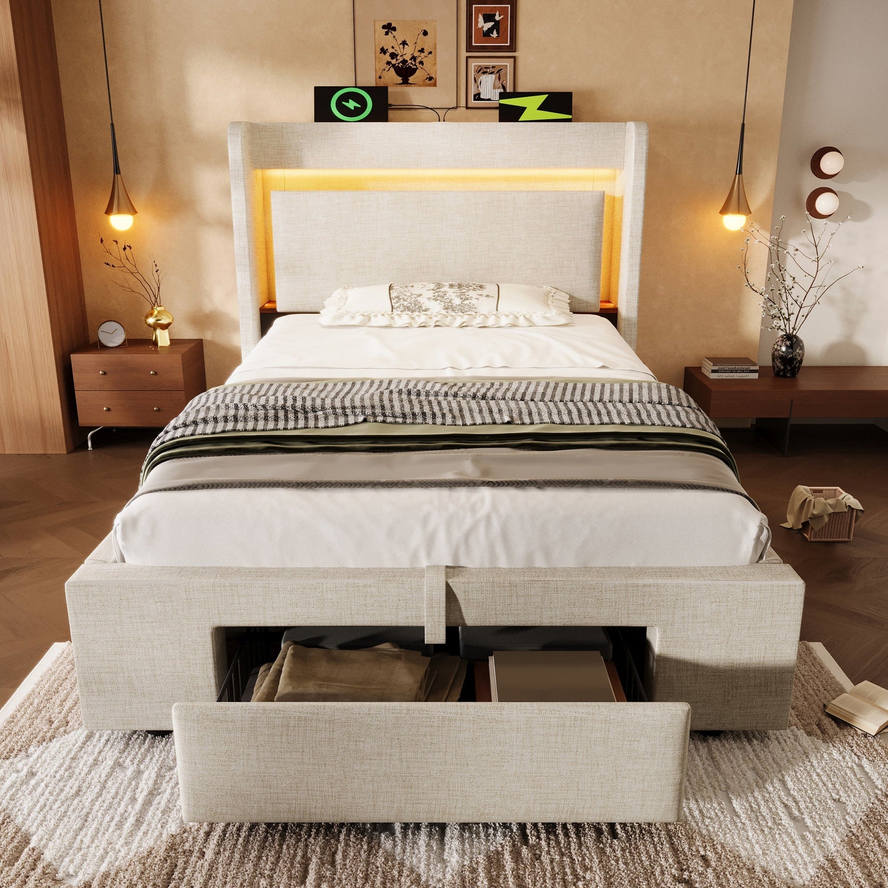 Upholstered Bed 90x200 cm with Hydraulic Storage, LED Lighting and USB Charging, Beige Linen