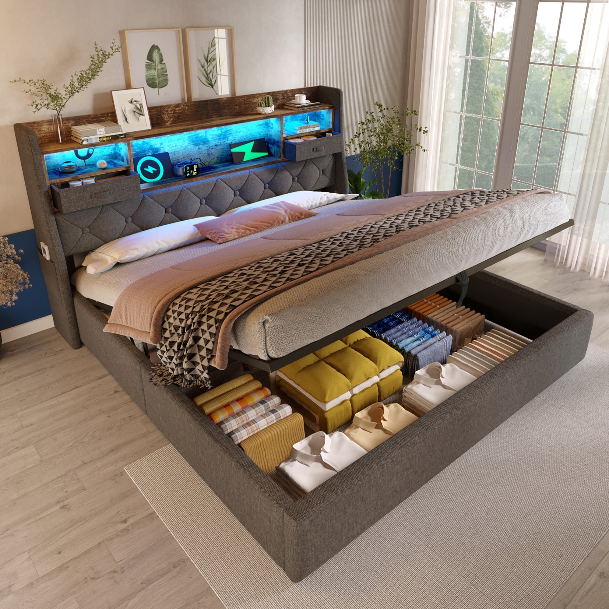 Upholstered Bed 180x200cm Hydraulic Storage LED Headboard 4 Charging Stations Linen Fabric Grey